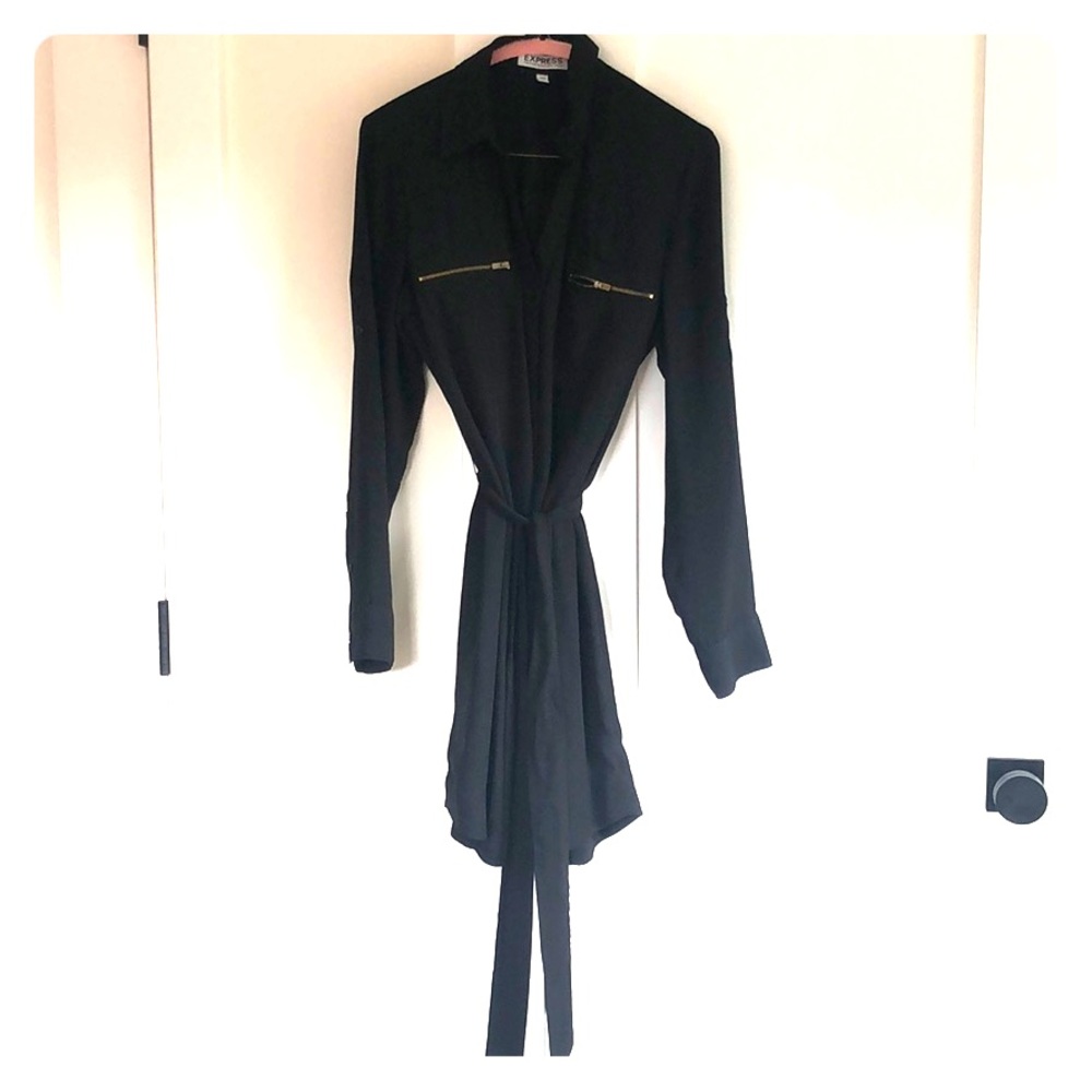 Black shirt dress with gold zipper pockets